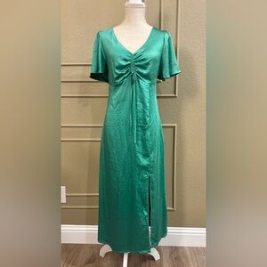 GIANNI BINI Women’s Green Midi Dress with Short Ruffled Sleeves. Size L